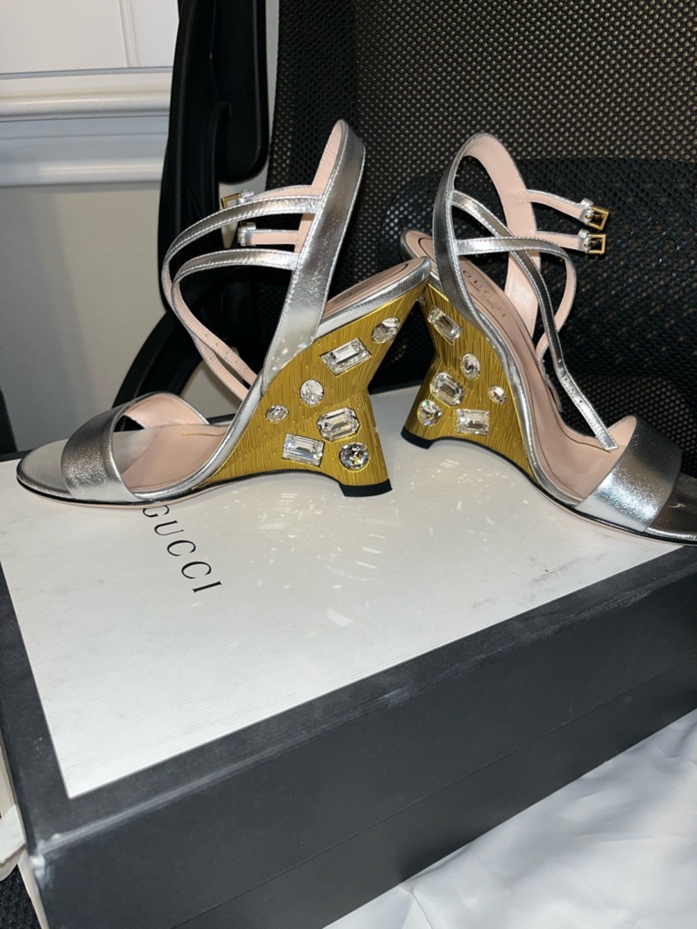 Gucci Silver Metallic Jewel-Embellished Block Heel Sandals
